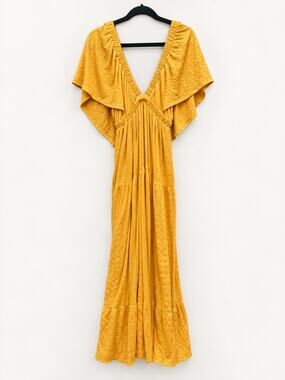 Free People La La Maxi Dress Small Yellow Boho Flutter Sleeve Festival